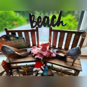 Womens Besty Johnson sliver glitter with turquoise bottom heels